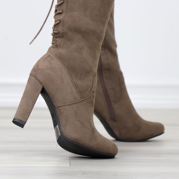 Taupe Suede Thigh High Over The Knee Block High Heel Boots With Lace Up Back - Picture 6 of 14